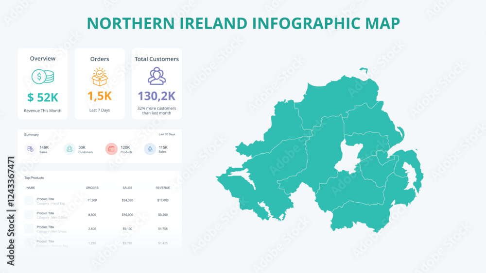 Fototapeta premium Business Growth Infographic Map of Northern Ireland. Orders, Customers, Sales Overview & product Infographic Map of Northern Ireland. Easy to edit