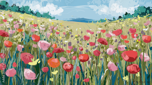 Wildflower Field with Poppies Illustration