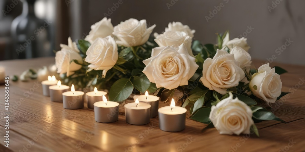 Tealight candles illuminating white roses on timber tabletop, vintage, simple elegance, relaxation, dusk, rustic chic Tealight candles illuminating white roses on timber tabletop, vintage, simple elegance, relaxation, dusk, rustic chic