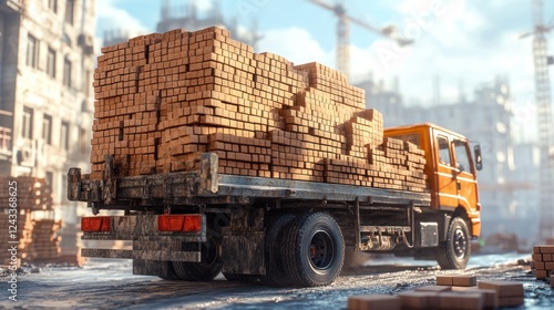 Construction truck loaded with wooden bricks at an urban site during daylight hours. Generative AI