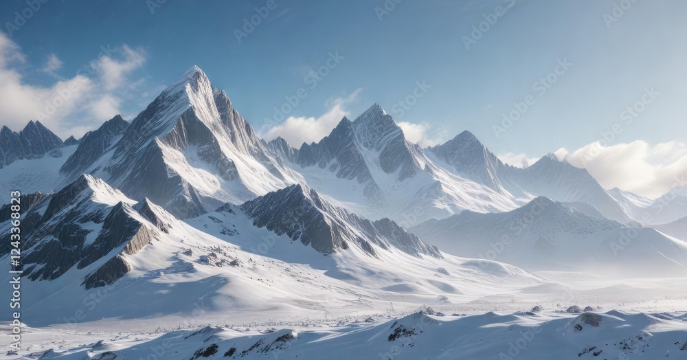 Obraz premium Snowy mountains with icy peaks stretching towards the sky and covered in a thick layer of fresh snowflakes, snowy mountains, snowy trees