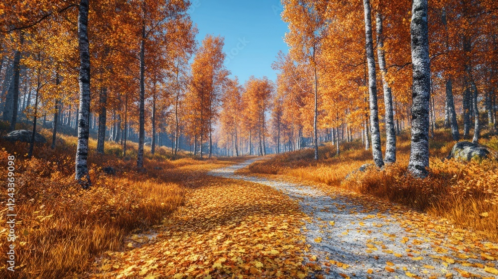 Fototapeta premium Vibrant autumn path through a peaceful forest with golden leaves and blue sky. Generative AI