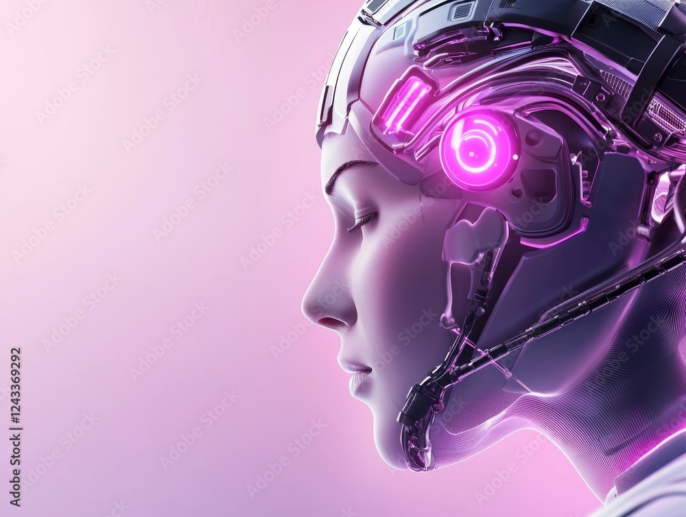 A futuristic, stylized robotic head with a glowing pink element, showcasing advanced technology and human-like features against a soft gradient background. A futuristic, stylized robotic head with a glowing pink element, showcasing advanced technology and human-like features against a soft gradient background.