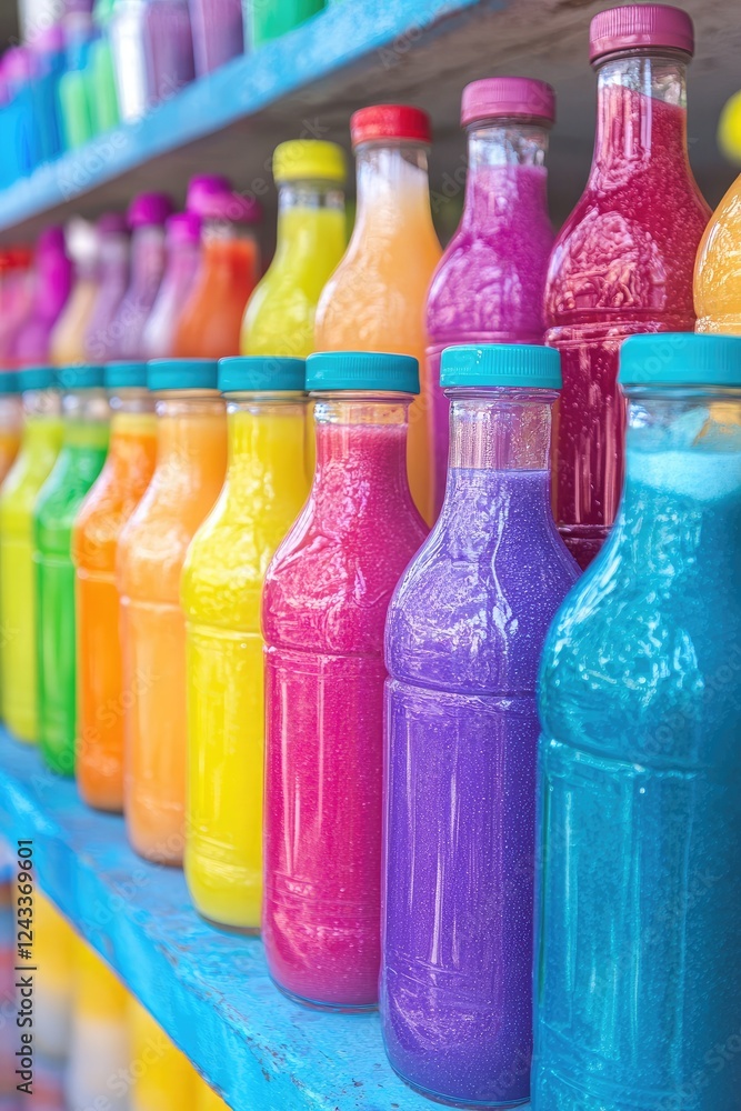 Colorful Bottles of Vibrant Sand Art Arranged on Display Shelf Colorful Bottles of Vibrant Sand Art Arranged on Display Shelf