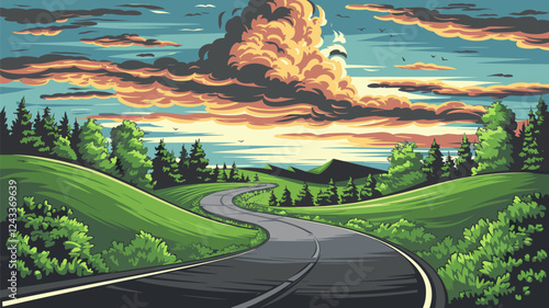 Winding Road Scenic Landscape Illustration