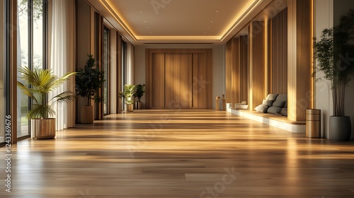 Wallpaper Mural Modern empty hall with elegant wood grain flooring, sunlit interiors, and soft-toned walls, high-resolution 8K 3D render Torontodigital.ca