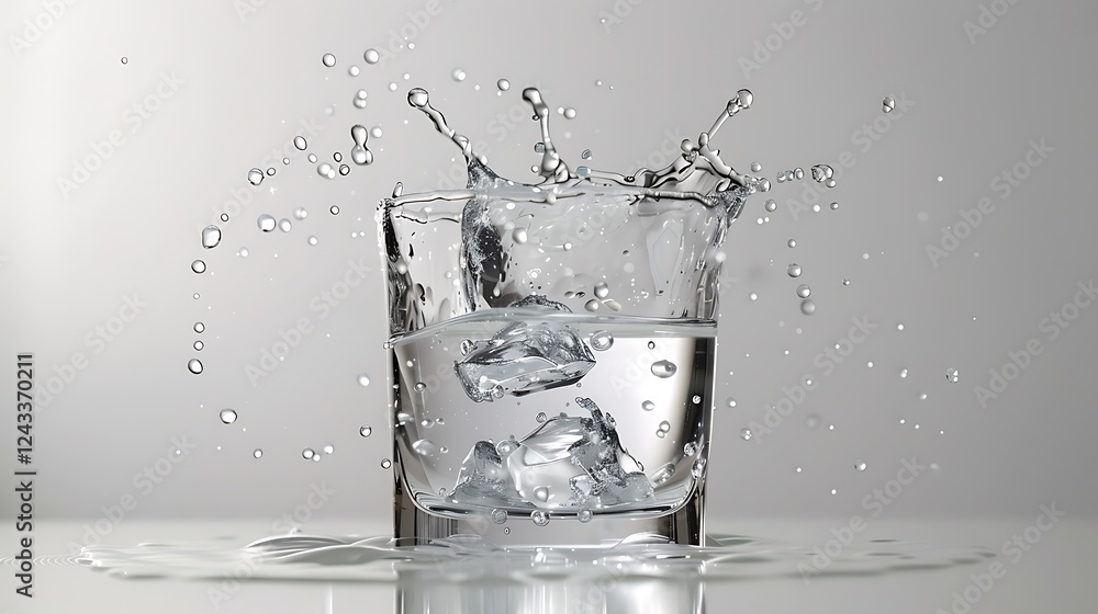 A clear splash of tonic water, captured mid-air against a pristine white background. A clear splash of tonic water, captured mid-air against a pristine white background.