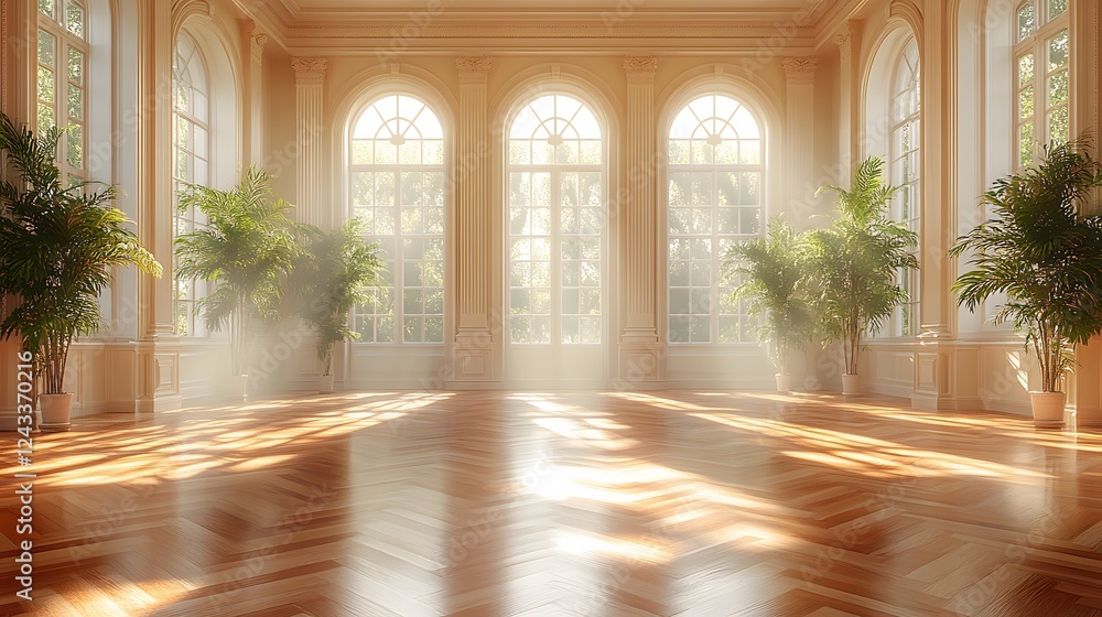 Elegant hall with natural daylight filling the space, warm-toned walls, and polished wood floors, photorealistic 8K 3D image Elegant hall with natural daylight filling the space, warm-toned walls, and polished wood floors, photorealistic 8K 3D image