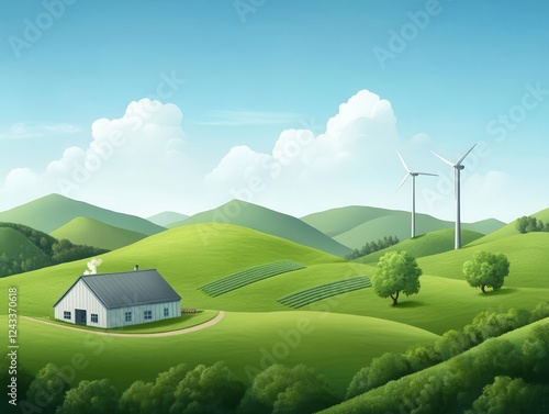 A serene landscape featuring rolling green hills, a quaint house, and wind turbines, symbolizing sustainability and harmony with nature. green energy and clean electric concept. photo