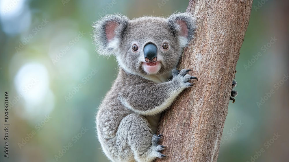 Naklejka premium A playful koala clings to a tree trunk in a lush forest, surrounded by vibrant greenery