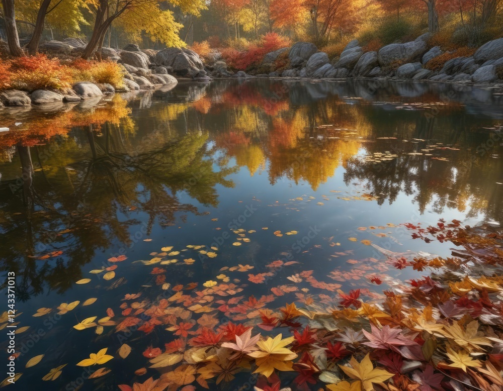 The surface of a peaceful pond with an array of autumn leaves floating, adding a splash of vibrant color to the scene , earthy, leaf The surface of a peaceful pond with an array of autumn leaves floating, adding a splash of vibrant color to the scene , earthy, leaf