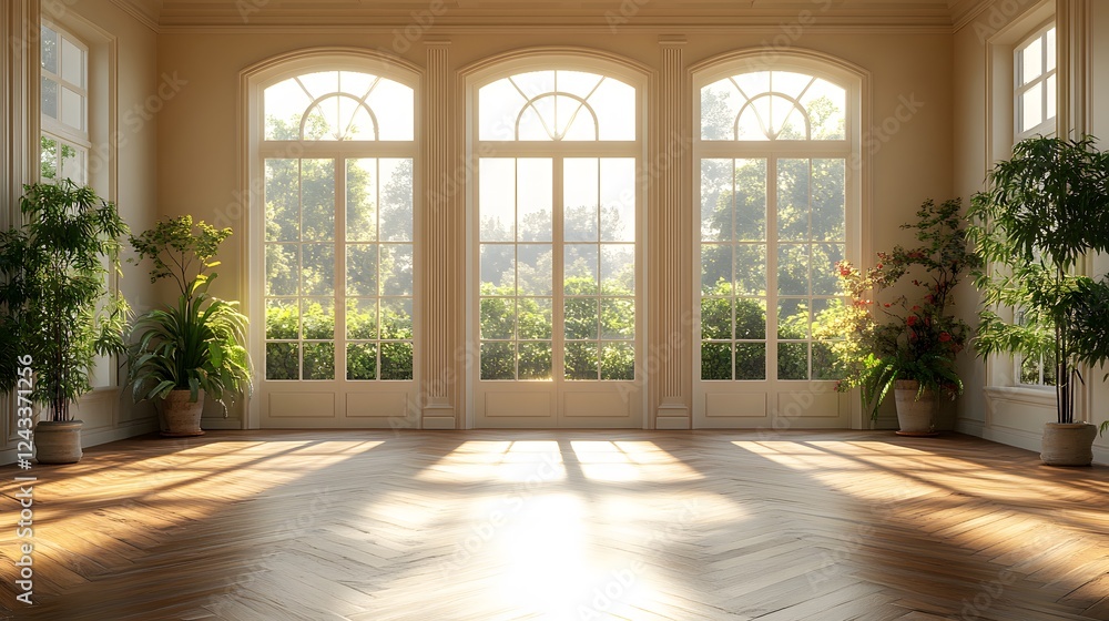 Fototapeta premium Stunning open hall bathed in natural light, polished wood grain floors, and neutral warm wall tones, 8K 3D high-definition render
