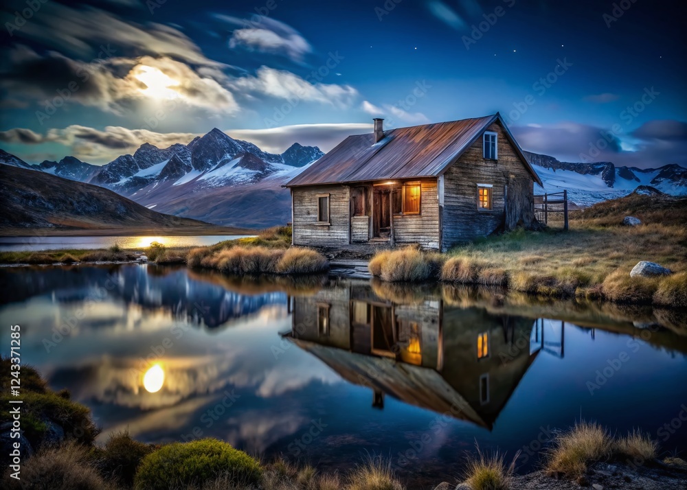 Fototapeta premium Eerie Night: Lost Ushuaia Lake House - Forgotten Patagonian Lakeside Home