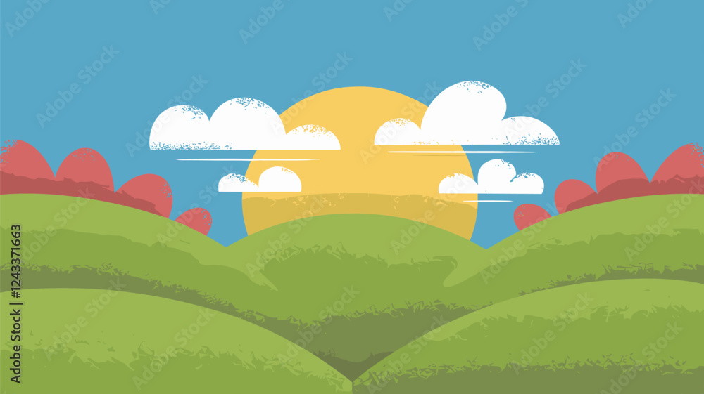 Fototapeta premium Rolling Green Hills with Sun and Clouds