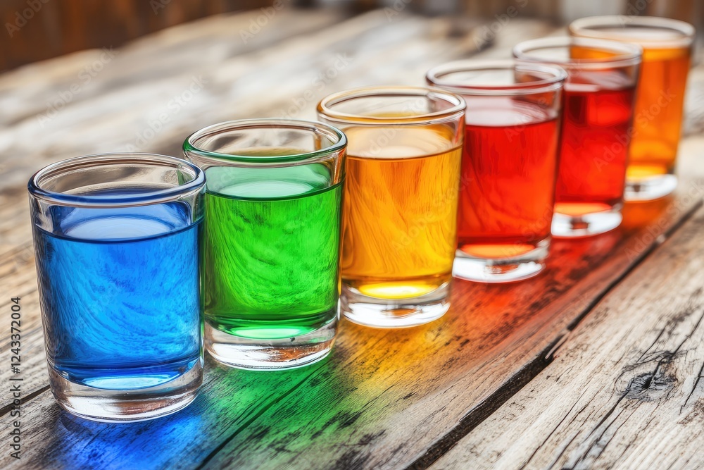 Colorful Spectrum of Vibrant Liquids in Glasses on Rustic Wood Surface Colorful Spectrum of Vibrant Liquids in Glasses on Rustic Wood Surface