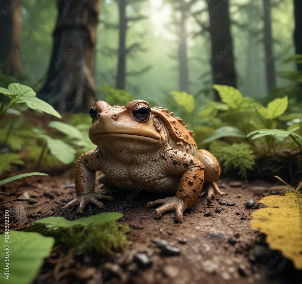 Toad resting on forest floor with surrounding foliage, nature's disguises , toad, forest floor