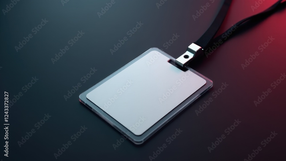 A security badge with a blank white card and a black lanyard on a dark surface, illuminated by soft lighting. A security badge with a blank white card and a black lanyard on a dark surface, illuminated by soft lighting.