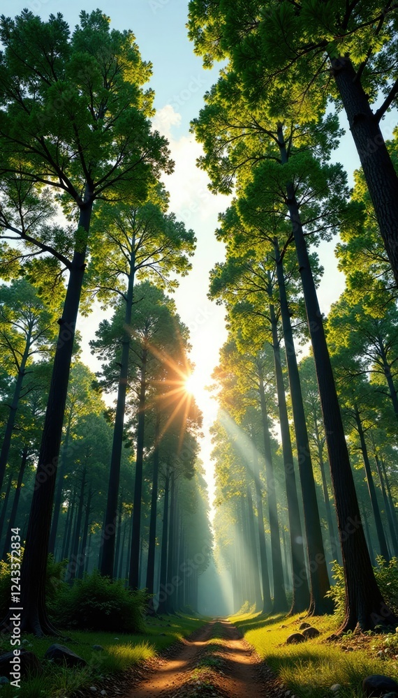 Obraz premium Towering trees stretch towards the sky in morning sun, leaves, sunlight filter