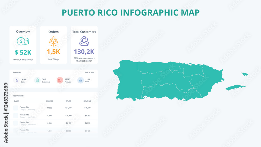 Fototapeta Business Growth Infographic Map of Puerto Rico. Orders, Customers, Sales Overview & product Infographic Map of Puerto Rico. Easy to edit