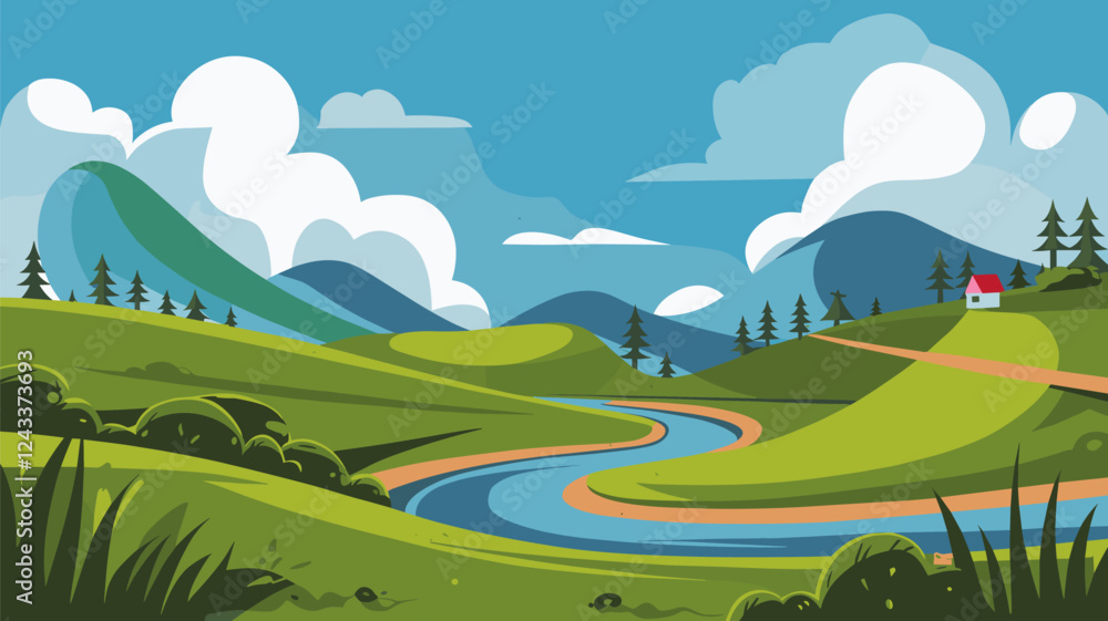 Obraz premium Rolling Hills with River and Distant Mountains