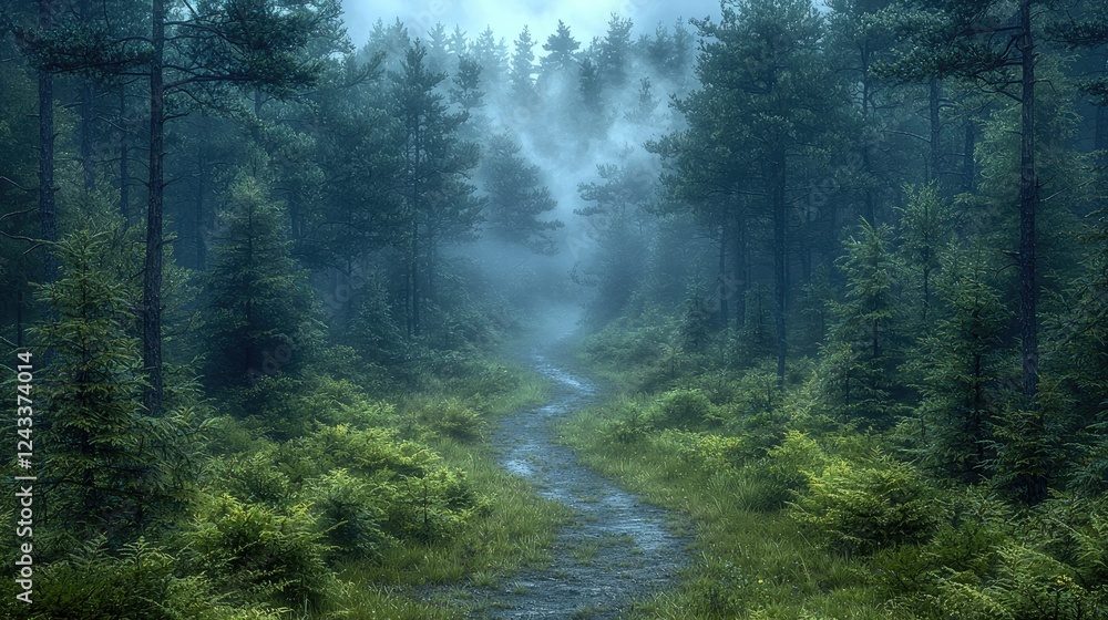 Obraz premium Misty Forest Path Winding Through Lush Green Trees