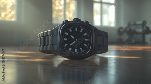 Elegant Black Watch on Wooden Floor with Sunlit Background in Modern Setting photo