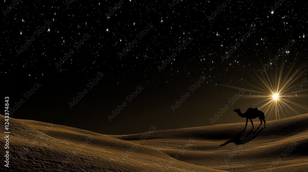Naklejka premium Desert Camel Silhouette Sunrise Starry Night Sky