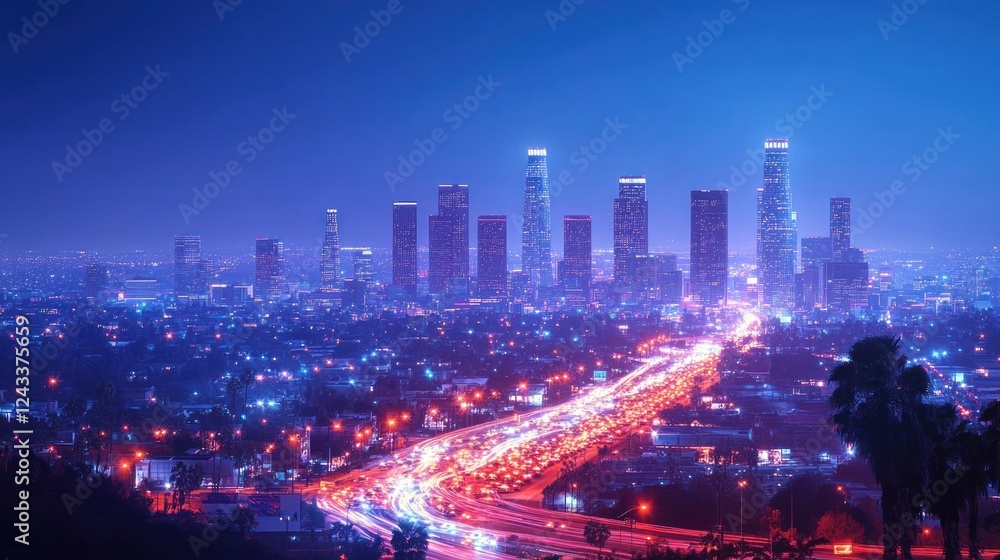 Fototapeta premium City skyline illuminated at night with traffic flowing through downtown Los Angeles. Generative AI