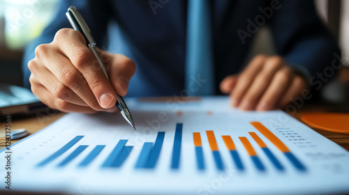 A businessman analyzing a bar chart showing exponential savings growth photo