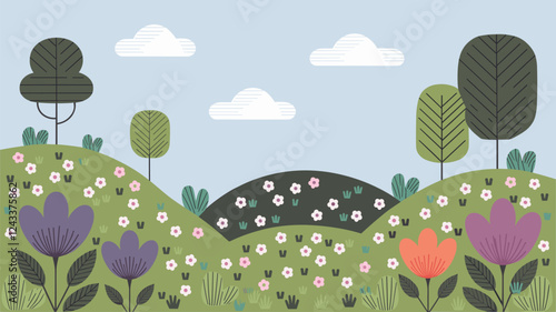 Simple Landscape with Hills, Trees, and Flowers