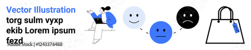 Woman using laptop, emoticon rating scale showing sentiment progression, shopping bag purchase outcome. Ideal for customer journey, e-commerce, feedback, emotion analysis, strategy, decision-making