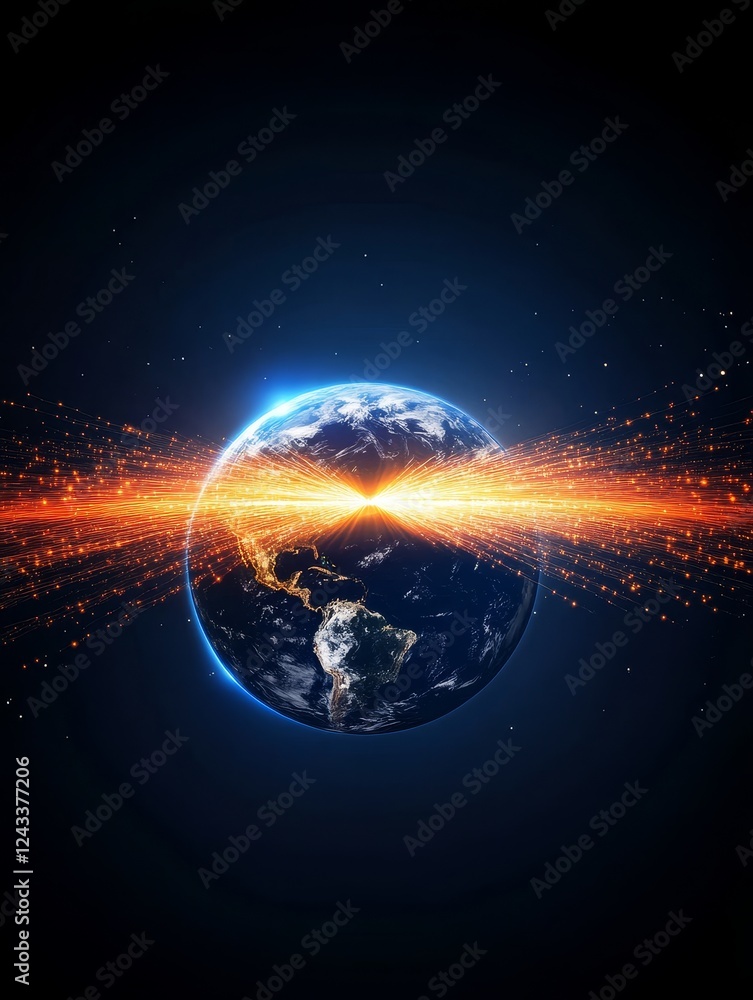 Obraz premium Global Network Connection - A vibrant image depicting Earth with streams of light representing global connectivity and data flow.