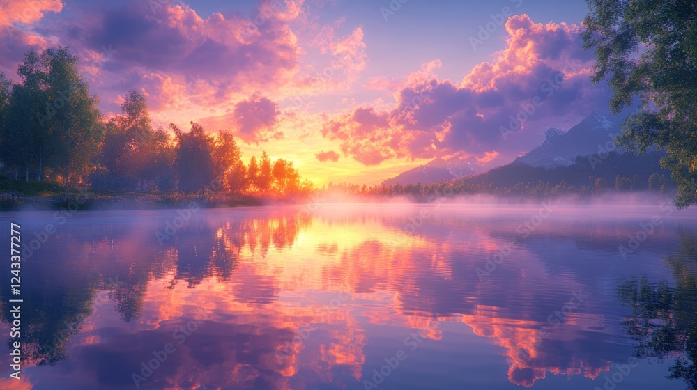 Sunset over a tranquil lake reflecting vibrant colors in a peaceful natural setting. Generative AI Sunset over a tranquil lake reflecting vibrant colors in a peaceful natural setting. Generative AI