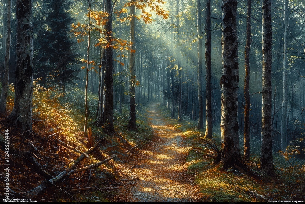 Obraz premium Sunlit Path Through Autumnal Forest Trees