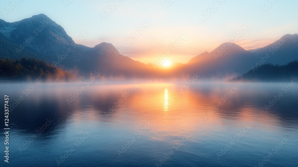Fototapeta premium Sunrise over tranquil lake surrounded by misty mountains and reflecting colorful skies. Generative AI