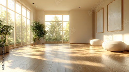 Wallpaper Mural Atmospheric empty hall with soft daylight illuminating smooth wooden floors, neutral modern walls, and a calming aesthetic, 8K 3D render Torontodigital.ca