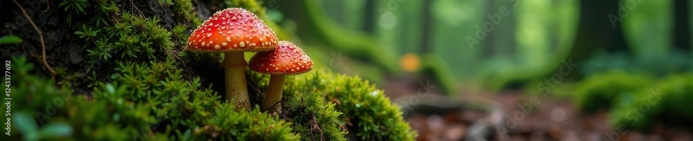 Fly agaric fruiting bodies in forest understory, tree roots, mushroom caps, mycelium Fly agaric fruiting bodies in forest understory, tree roots, mushroom caps, mycelium