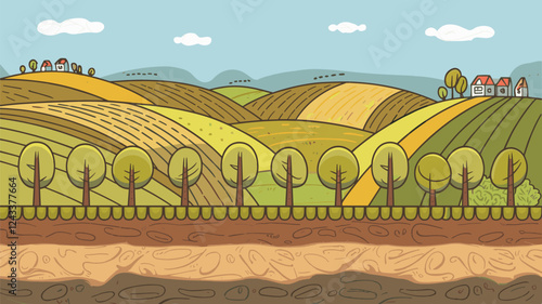 Rural Landscape with Hills, Fields, and Houses Cross-Section