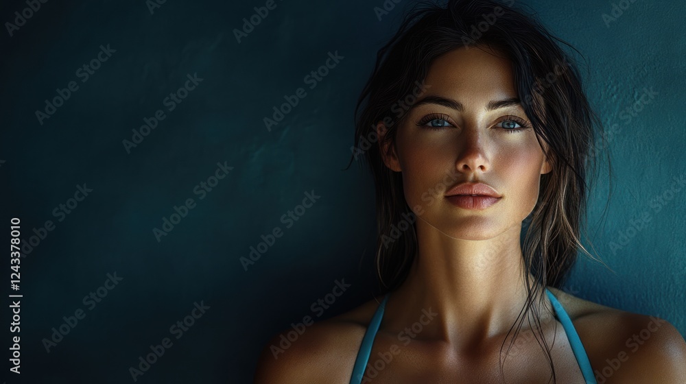 Captivating close-up of a woman with striking blue eyes against a dark backdrop. Generative AI Captivating close-up of a woman with striking blue eyes against a dark backdrop. Generative AI