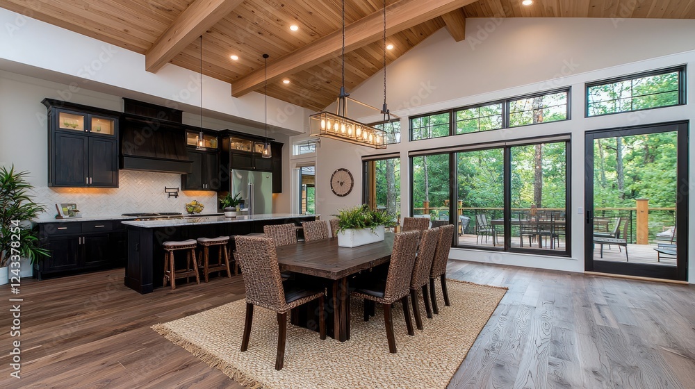 Modern kitchen, dining area, forest view. Home interior design, spacious layout