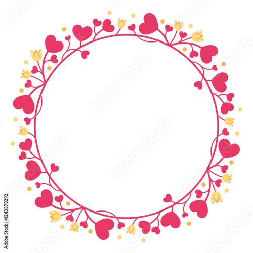 Couronne de fleurs en forme de cœurs, cadre rond pour photo sur le thème de l'amour pour la Saint Valentin et le faire-part de mariage, cercle composé de branches et de fleurs jaunes orangées