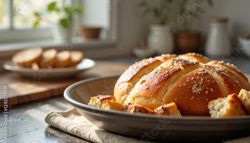 Homemade Açorda with rustic bread in minimalistic kitchen, culinary artistry photo