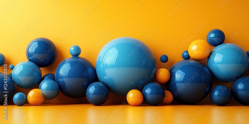 Naklejka premium Abstract 3D Rendering: Blue and Orange Spheres on Yellow Background