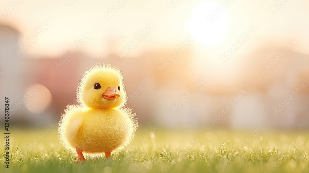A fluffy yellow duckling standing on green grass under a warm sunset, with a blurred city background A fluffy yellow duckling standing on green grass under a warm sunset, with a blurred city background