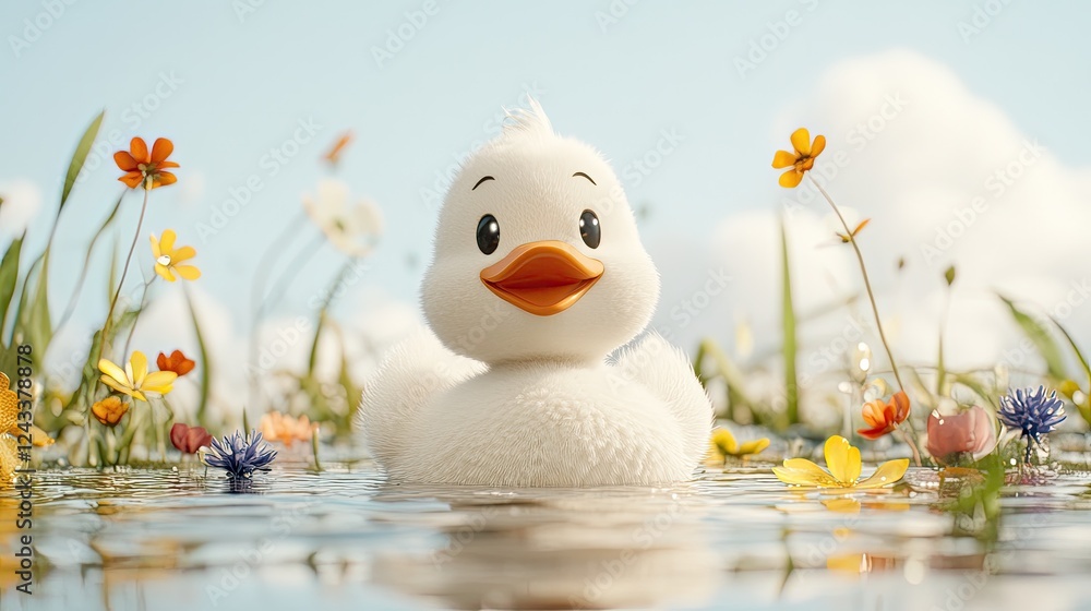 Cute cartoon duckling floating in a colorful flower-filled pond under a bright blue sky Cute cartoon duckling floating in a colorful flower-filled pond under a bright blue sky
