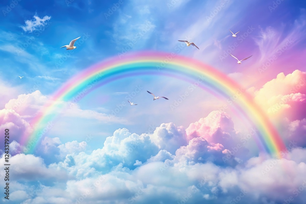 Pastel Rainbow Cloudy Sky with White Fluffy Clouds and a Few Birds Flying, soft focus, pastel rainbow, nature scene, whimsical scene Pastel Rainbow Cloudy Sky with White Fluffy Clouds and a Few Birds Flying, soft focus, pastel rainbow, nature scene, whimsical scene