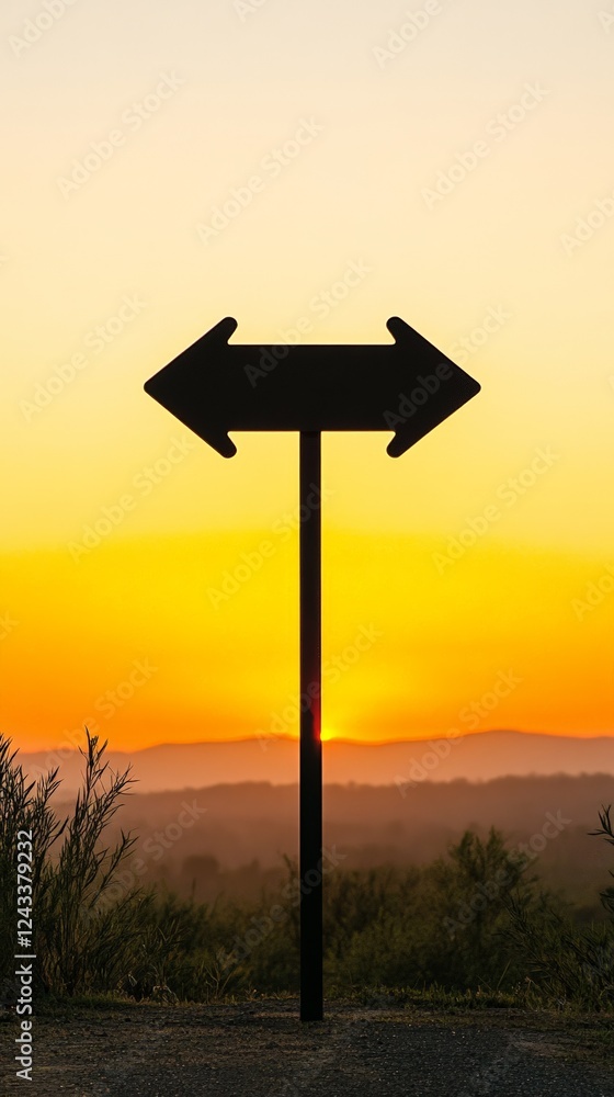 Double arrow sign pointing in two opposite directions at sunset with orange sky, symbolizing a difficult decision or the fear of better options - fobo - Double arrow sign pointing in two opposite directions at sunset with orange sky, symbolizing a difficult decision or the fear of better options - fobo -