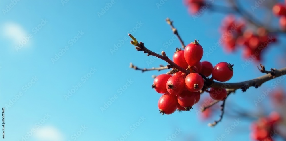 Rowan berries on a bare branch against the sky, blue sky, autumn Rowan berries on a bare branch against the sky, blue sky, autumn