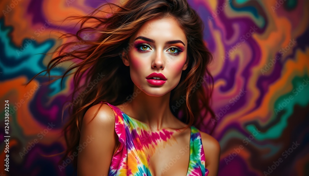 Naklejka premium Vibrant Woman Tie Dye Dress Colorful Makeup Portrait
