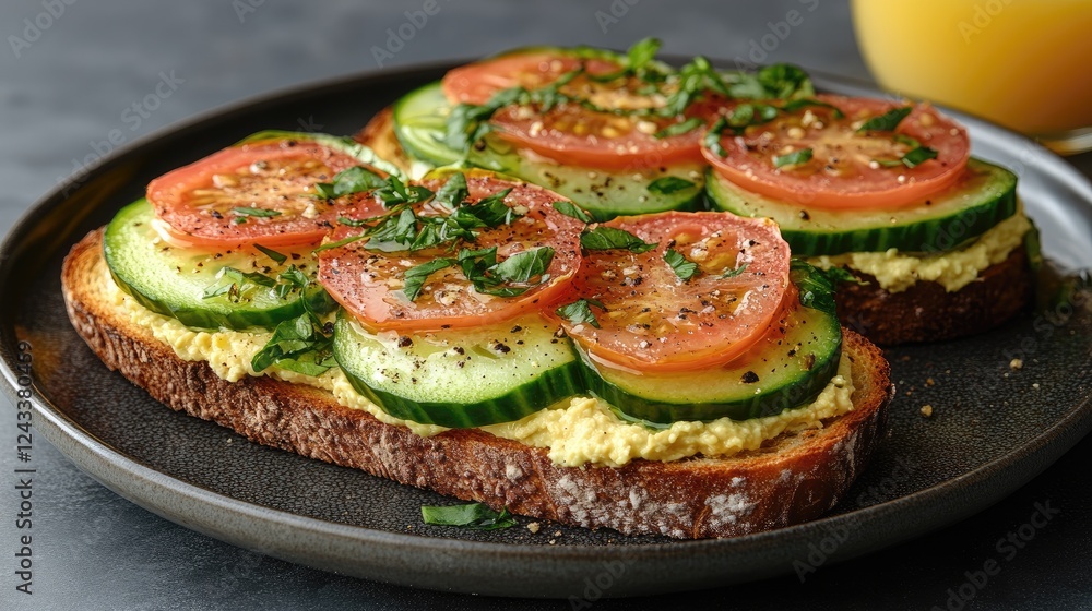 Freshly prepared open-faced sandwiches with cucumber and tomato on whole grain bread Freshly prepared open-faced sandwiches with cucumber and tomato on whole grain bread
